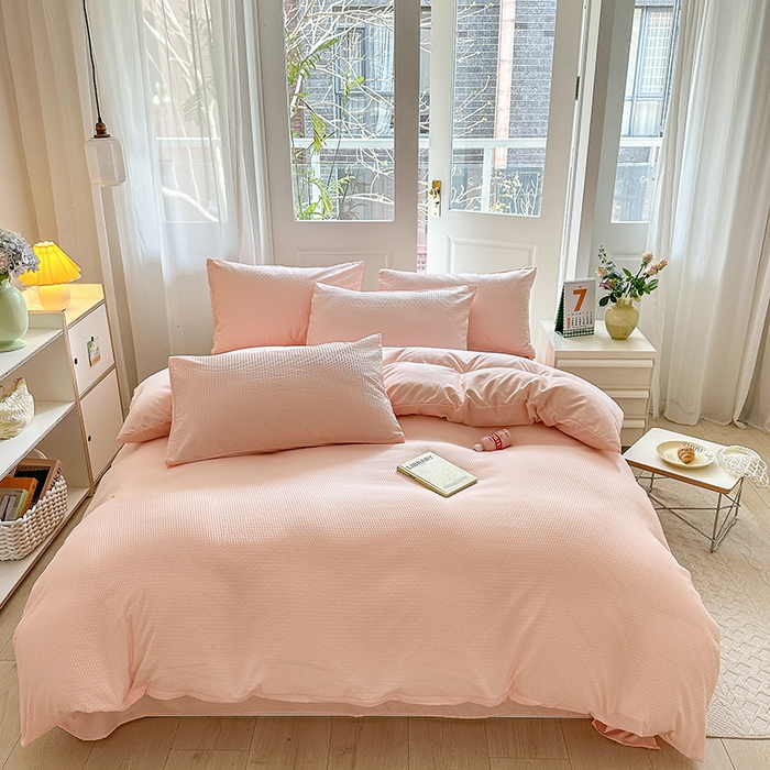 91家纺网 家纺一手货源 找家纺 米粒家纺 2023新款AB版华夫格四件套 樱花粉