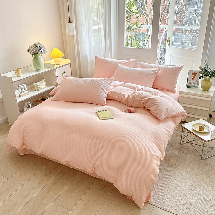 91家纺网 家纺一手货源 找家纺 米粒家纺 2023新款AB版华夫格四件套 樱花粉