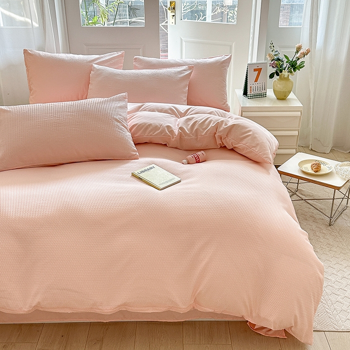 91家纺网 家纺一手货源 找家纺 米粒家纺 2023新款AB版华夫格四件套 樱花粉