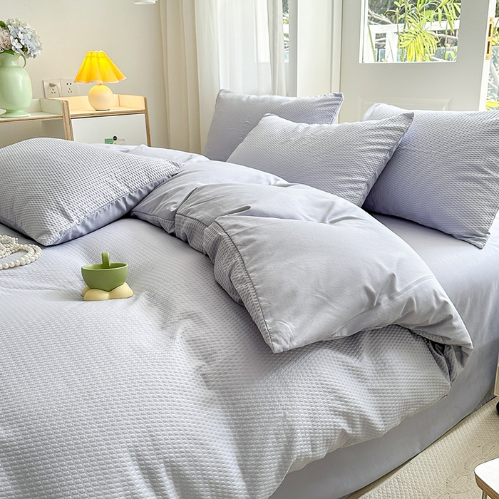 91家纺网 家纺一手货源 找家纺 米粒家纺 2023新款AB版华夫格四件套 银色