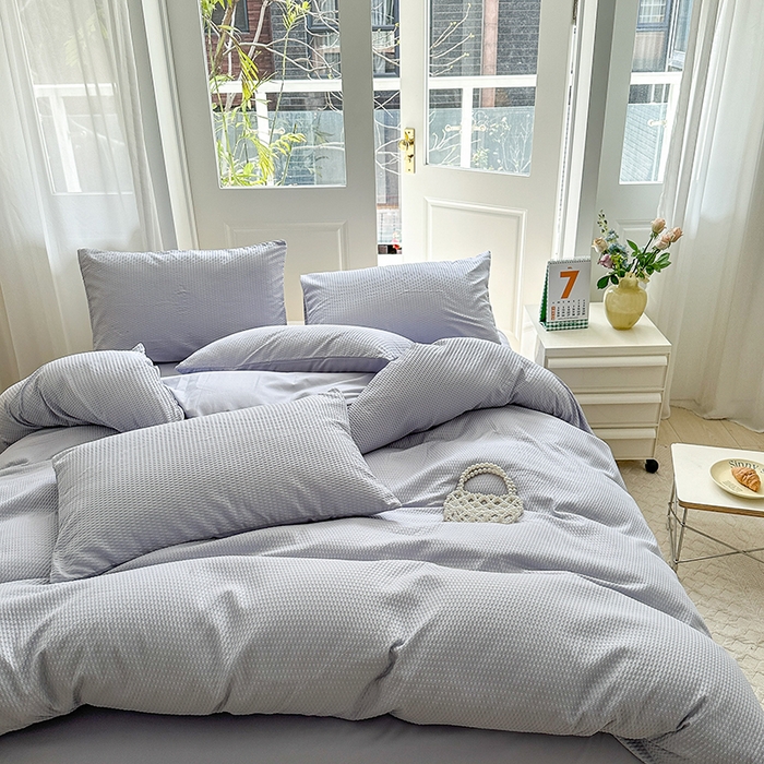 91家纺网 家纺一手货源 找家纺 米粒家纺 2023新款AB版华夫格四件套 银色