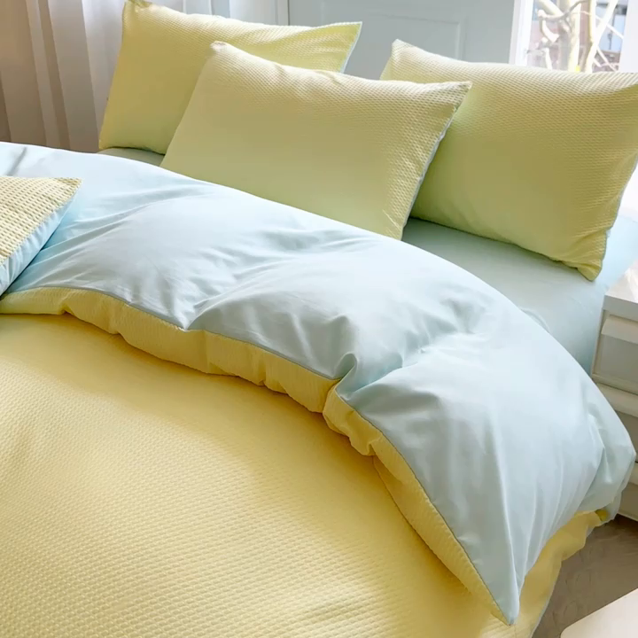 91家纺网 家纺一手货源 找家纺 米粒家纺 2023新款AB版华夫格四件套 奶黄