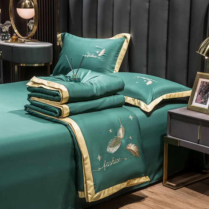 91家纺网 家纺一手货源 找家纺 蕾诺家纺 2023新款冰丝刺绣真丝夏被 凤羽-墨绿