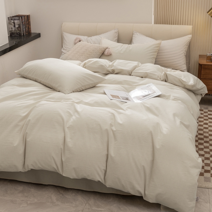 91家纺网 家纺一手货源 找家纺 柠萌家居 2023新款无印良品风全棉色织水洗棉条纹单被套 米极细条