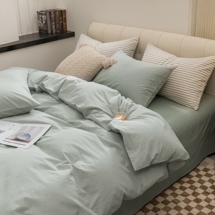 91家纺网 家纺一手货源 找家纺 柠萌家居 2023新款无印良品风全棉色织水洗棉条纹单被套 绿极细条