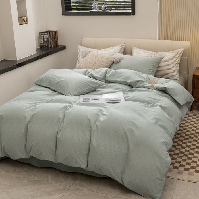 91家纺网 家纺一手货源 找家纺 柠萌家居 2023新款无印良品风全棉色织水洗棉条纹单被套 绿极细条