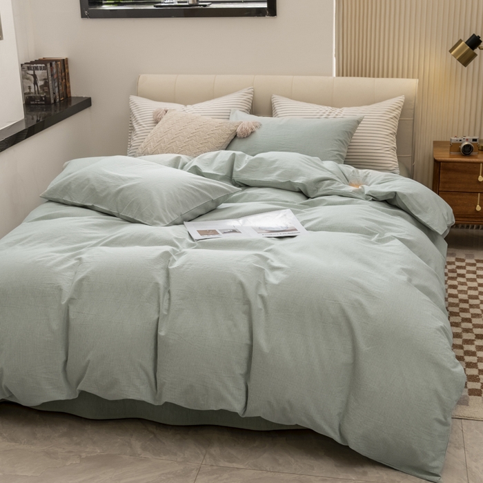 91家纺网 家纺一手货源 找家纺 柠萌家居 2023新款无印良品风全棉色织水洗棉条纹单被套 绿极细条