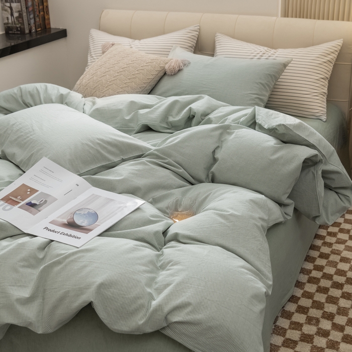 91家纺网 家纺一手货源 找家纺 柠萌家居 2023新款无印良品风全棉色织水洗棉条纹单被套 绿极细条