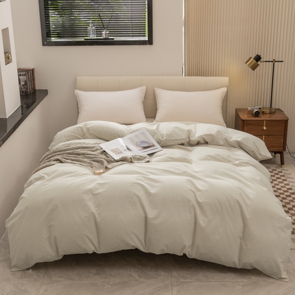 91家纺网 家纺一手货源 找家纺 柠萌家居 2023新款无印良品风全棉色织水洗棉条纹单被套 米极细条