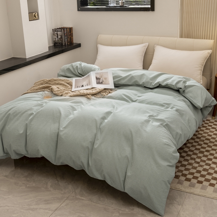 91家纺网 家纺一手货源 找家纺 柠萌家居 2023新款无印良品风全棉色织水洗棉条纹四件套 绿极细条