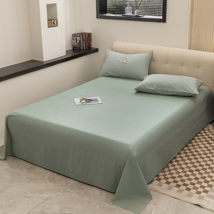 91家纺网 家纺一手货源 找家纺 柠萌家居 2023新款无印良品风全棉色织水洗棉条纹四件套 绿极细条