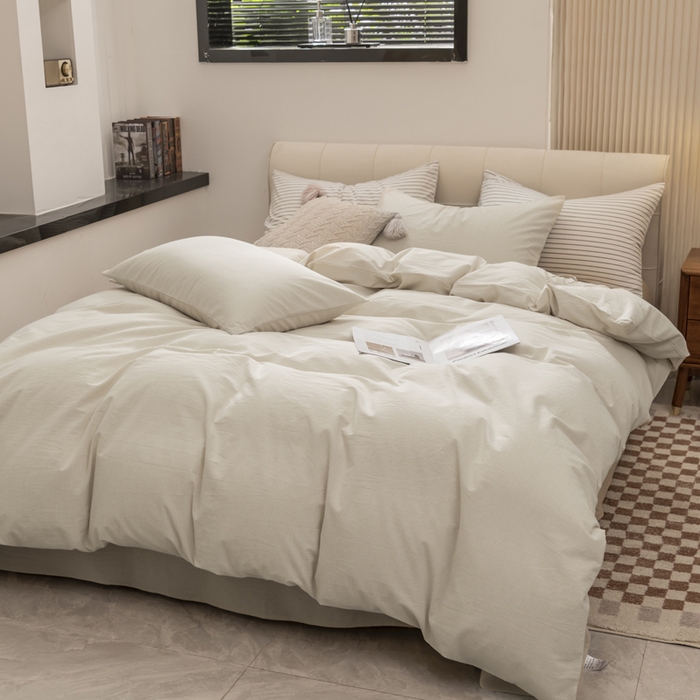 91家纺网 家纺一手货源 找家纺 柠萌家居 2023新款无印良品风全棉色织水洗棉条纹四件套 米极细条