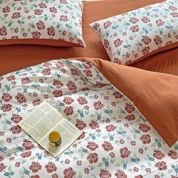 91家纺网 家纺一手货源 找家纺 美莱 2023直播爆款水洗棉麻四件套小清新套件可谈价 茶花开