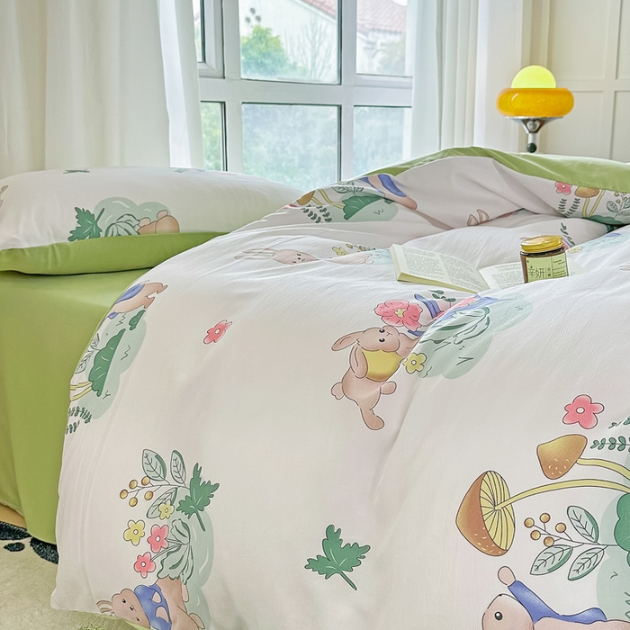 91家纺网 家纺一手货源 找家纺 美莱 2023直播爆款水洗棉麻四件套小清新套件可谈价 彼得兔