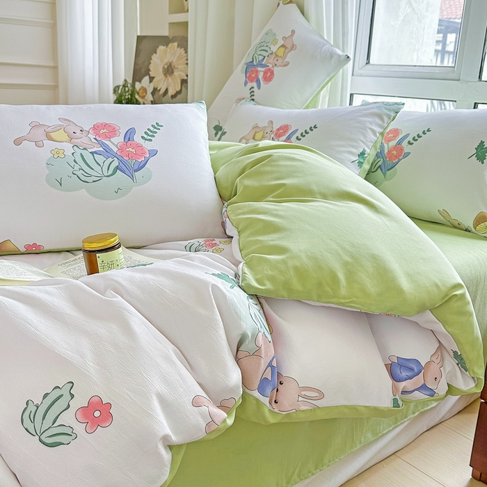 91家纺网 家纺一手货源 找家纺 美莱 2023直播爆款水洗棉麻四件套小清新套件可谈价 彼得兔