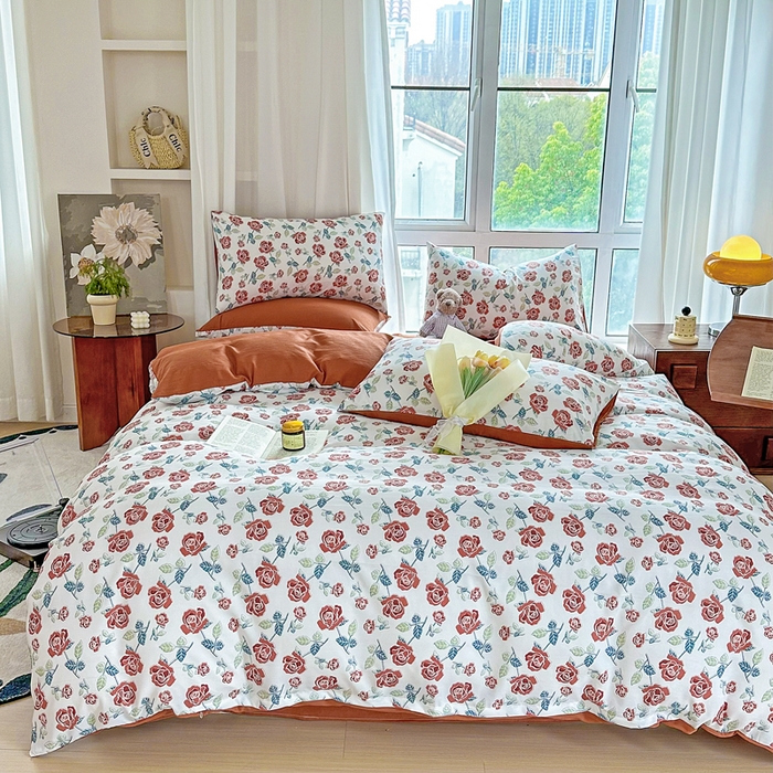 91家纺网 家纺一手货源 找家纺 美莱 2023直播爆款水洗棉麻四件套小清新套件可谈价 茶花开