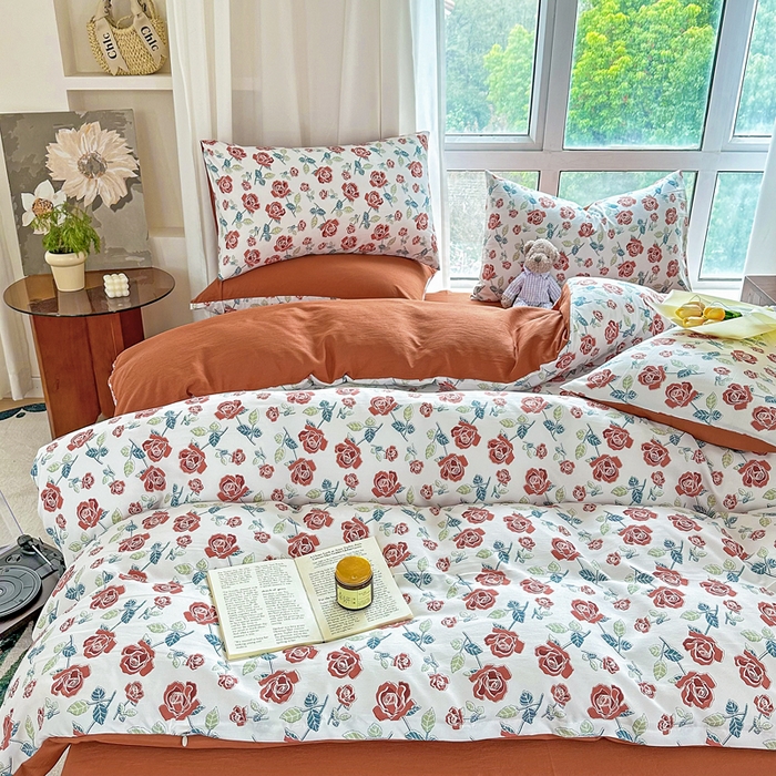 91家纺网 家纺一手货源 找家纺 美莱 2023直播爆款水洗棉麻四件套小清新套件可谈价 茶花开