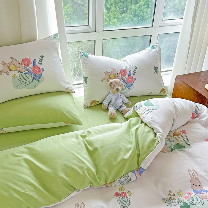 91家纺网 家纺一手货源 找家纺 美莱 2023直播爆款水洗棉麻四件套小清新套件可谈价 彼得兔