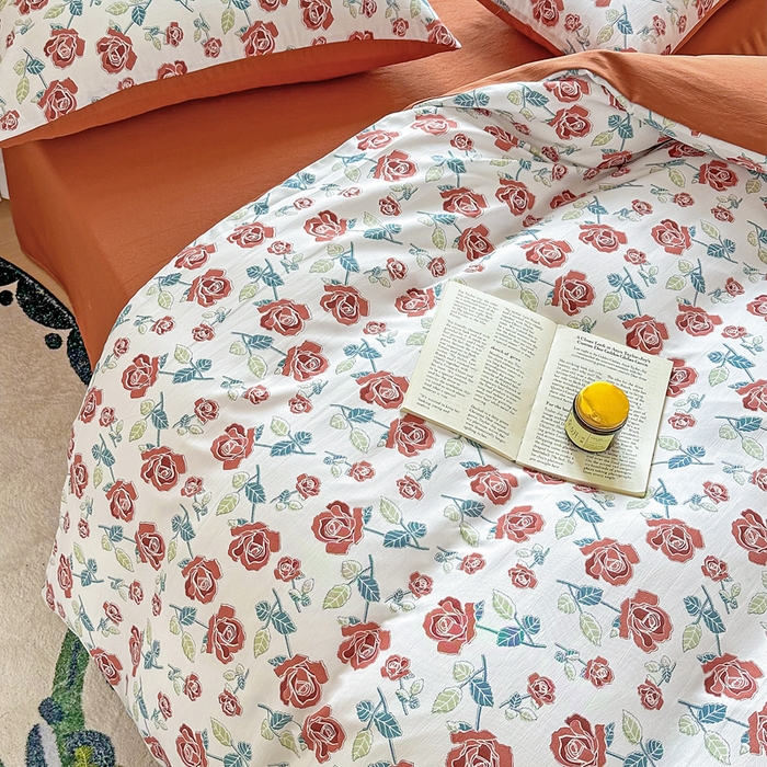 91家纺网 家纺一手货源 找家纺 美莱 2023直播爆款水洗棉麻四件套小清新套件可谈价 茶花开