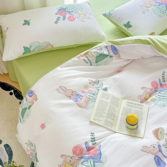 91家纺网 家纺一手货源 找家纺 美莱 2023直播爆款水洗棉麻四件套小清新套件可谈价 彼得兔