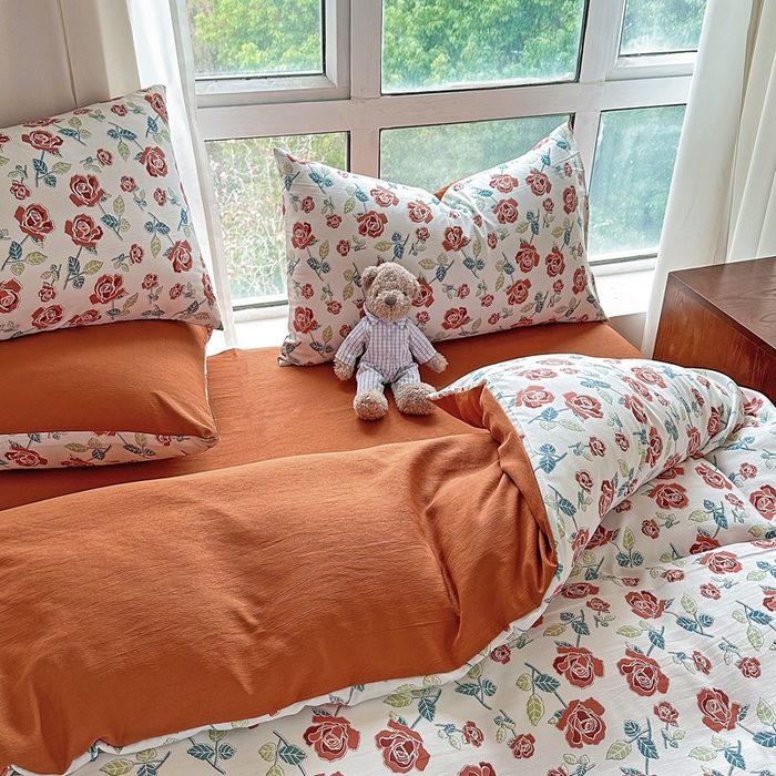 91家纺网 家纺一手货源 找家纺 美莱 2023直播爆款水洗棉麻四件套小清新套件可谈价 茶花开