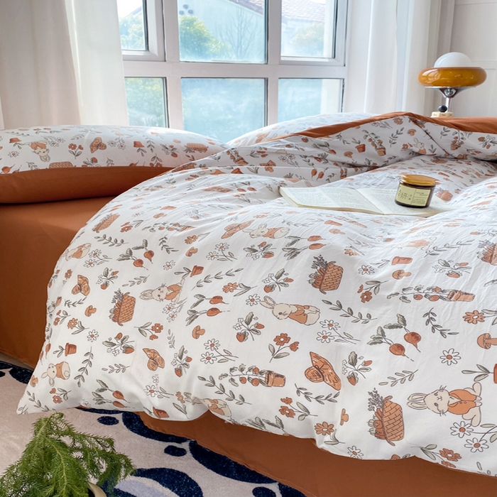 91家纺网 家纺一手货源 找家纺 美莱 2023直播爆款水洗棉麻四件套小清新套件可谈价 蹲蹲兔