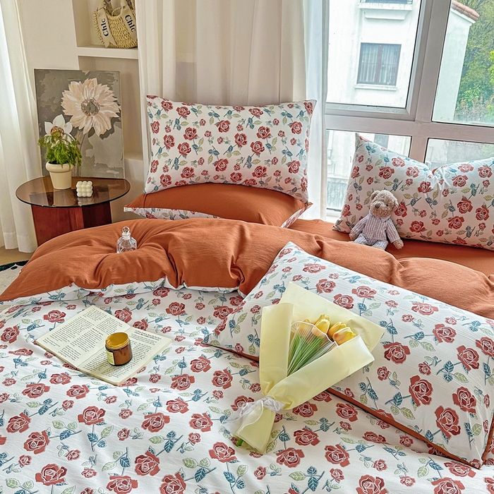 91家纺网 家纺一手货源 找家纺 美莱 2023直播爆款水洗棉麻四件套小清新套件可谈价 茶花开