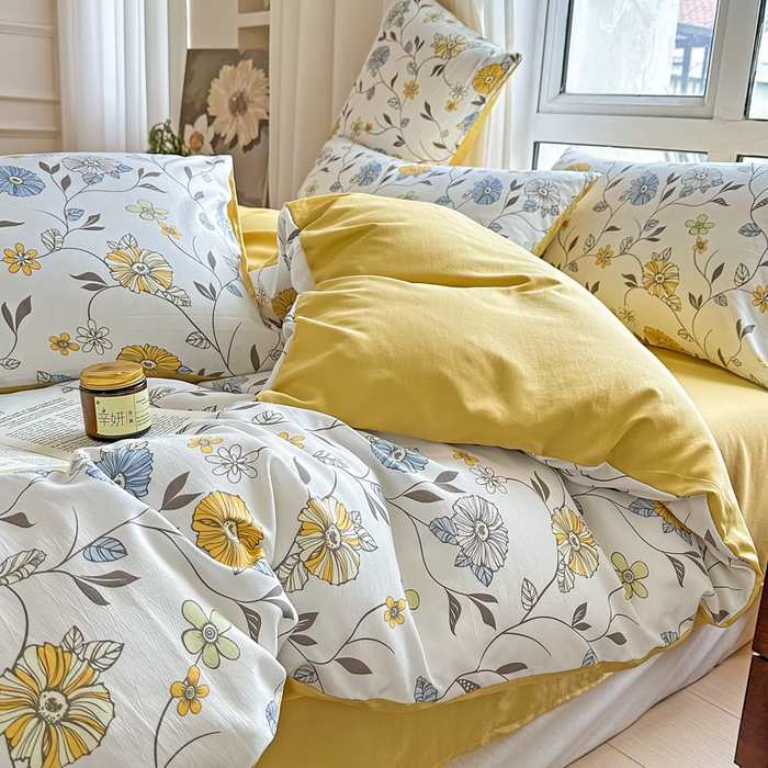 91家纺网 家纺一手货源 找家纺 美莱 2023直播爆款水洗棉麻四件套小清新套件可谈价 海棠