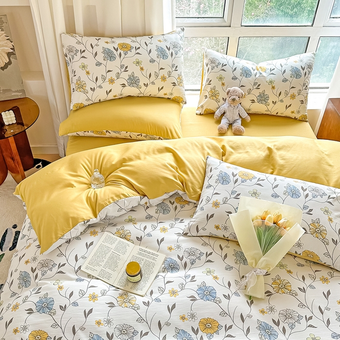 91家纺网 家纺一手货源 找家纺 美莱 2023直播爆款水洗棉麻四件套小清新套件可谈价 海棠