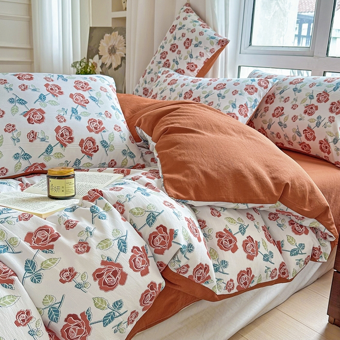 91家纺网 家纺一手货源 找家纺 美莱 2023直播爆款水洗棉麻四件套小清新套件可谈价 茶花开