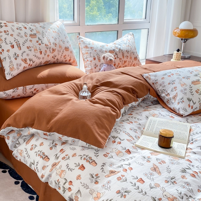 91家纺网 家纺一手货源 找家纺 美莱 2023直播爆款水洗棉麻四件套小清新套件可谈价 蹲蹲兔