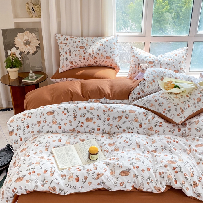 91家纺网 家纺一手货源 找家纺 美莱 2023直播爆款水洗棉麻四件套小清新套件可谈价 蹲蹲兔