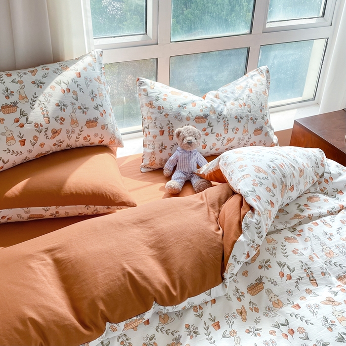 91家纺网 家纺一手货源 找家纺 美莱 2023直播爆款水洗棉麻四件套小清新套件可谈价 蹲蹲兔