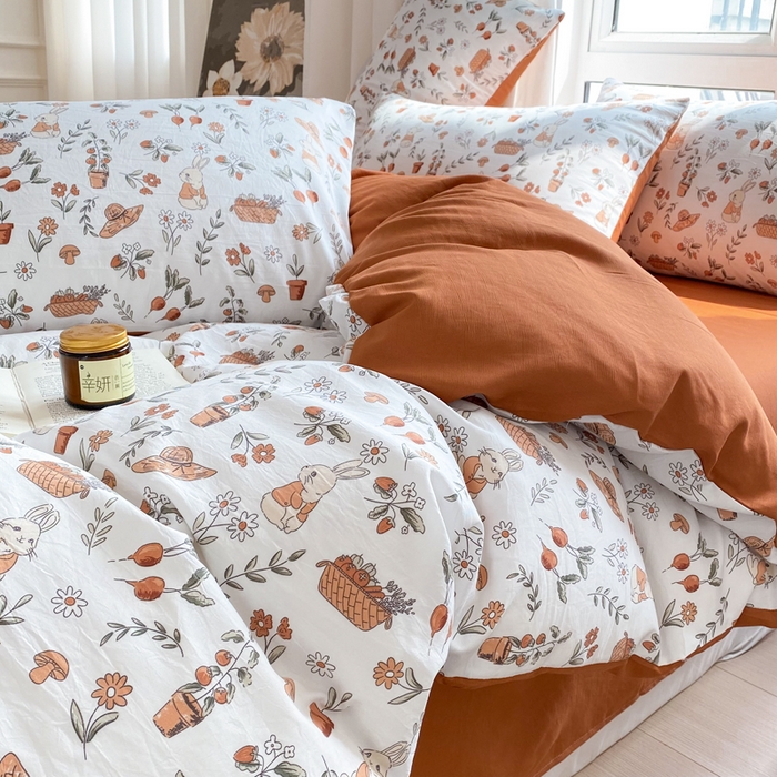 91家纺网 家纺一手货源 找家纺 美莱 2023直播爆款水洗棉麻四件套小清新套件可谈价 蹲蹲兔