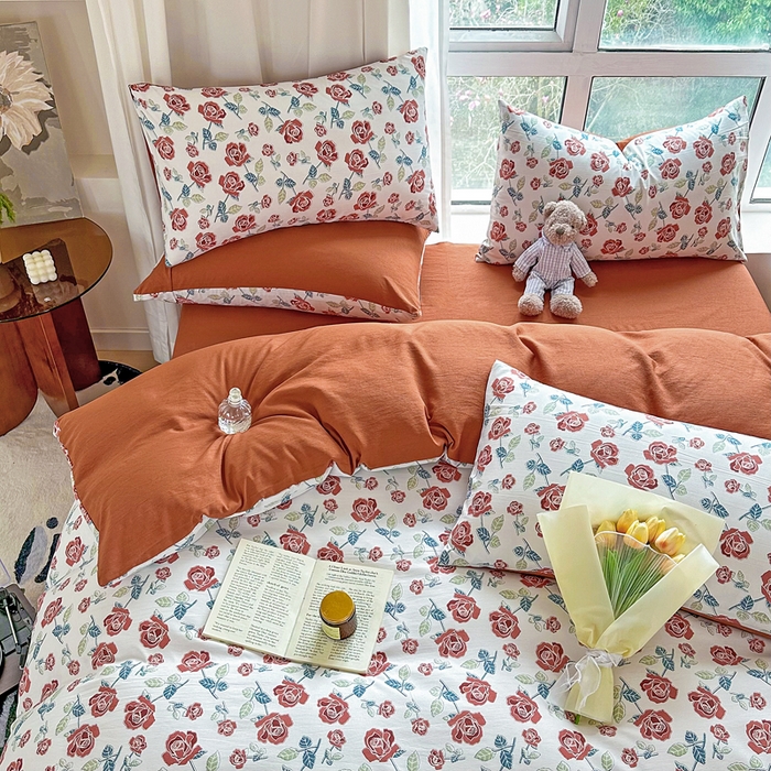 91家纺网 家纺一手货源 找家纺 美莱 2023直播爆款水洗棉麻四件套小清新套件可谈价 茶花开