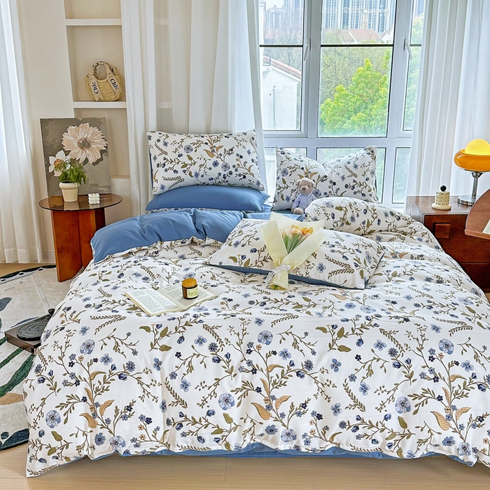 91家纺网 家纺一手货源 找家纺 美莱 2023直播爆款水洗棉麻四件套小清新套件可谈价 花晨月夕