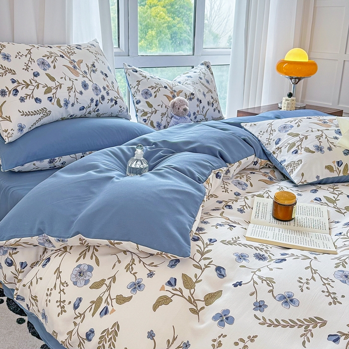 91家纺网 家纺一手货源 找家纺 美莱 2023直播爆款水洗棉麻四件套小清新套件可谈价 花晨月夕