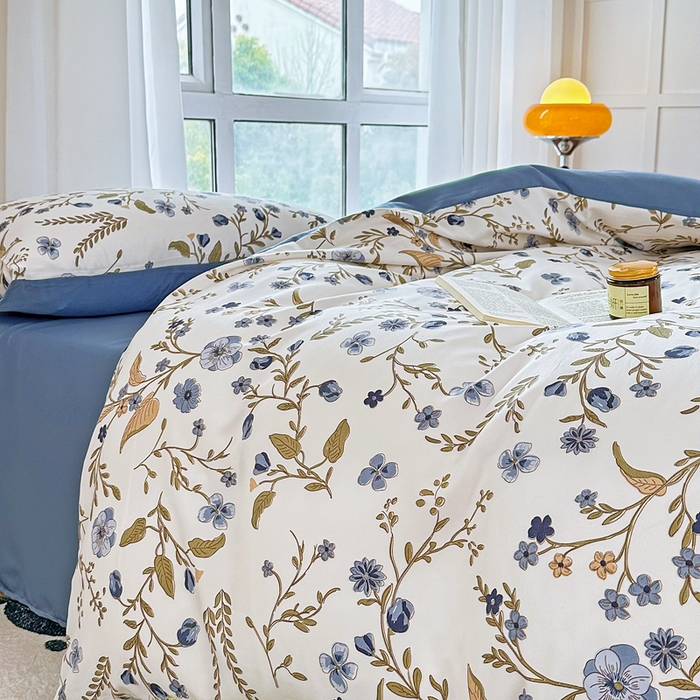 91家纺网 家纺一手货源 找家纺 美莱 2023直播爆款水洗棉麻四件套小清新套件可谈价 花晨月夕