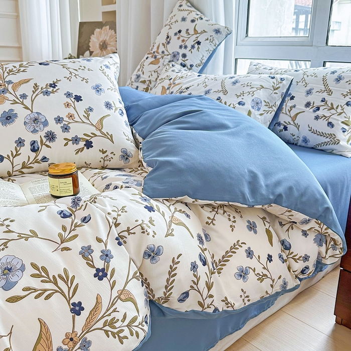 91家纺网 家纺一手货源 找家纺 美莱 2023直播爆款水洗棉麻四件套小清新套件可谈价 花晨月夕