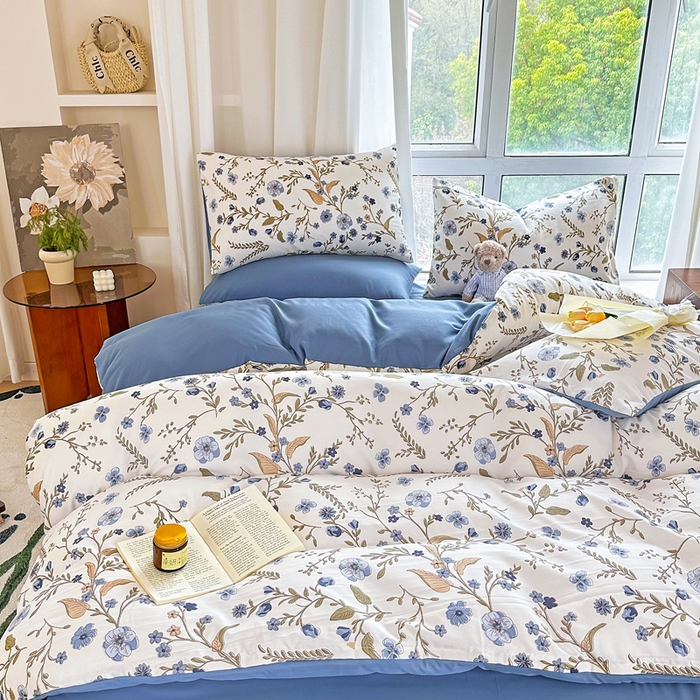 91家纺网 家纺一手货源 找家纺 美莱 2023直播爆款水洗棉麻四件套小清新套件可谈价 花晨月夕