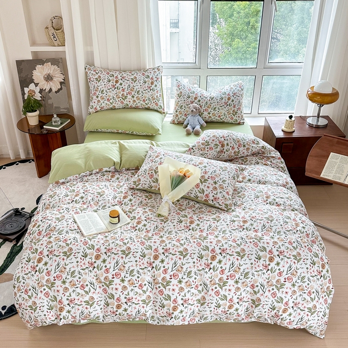 91家纺网 家纺一手货源 找家纺 美莱 2023直播爆款水洗棉麻四件套小清新套件可谈价 花语