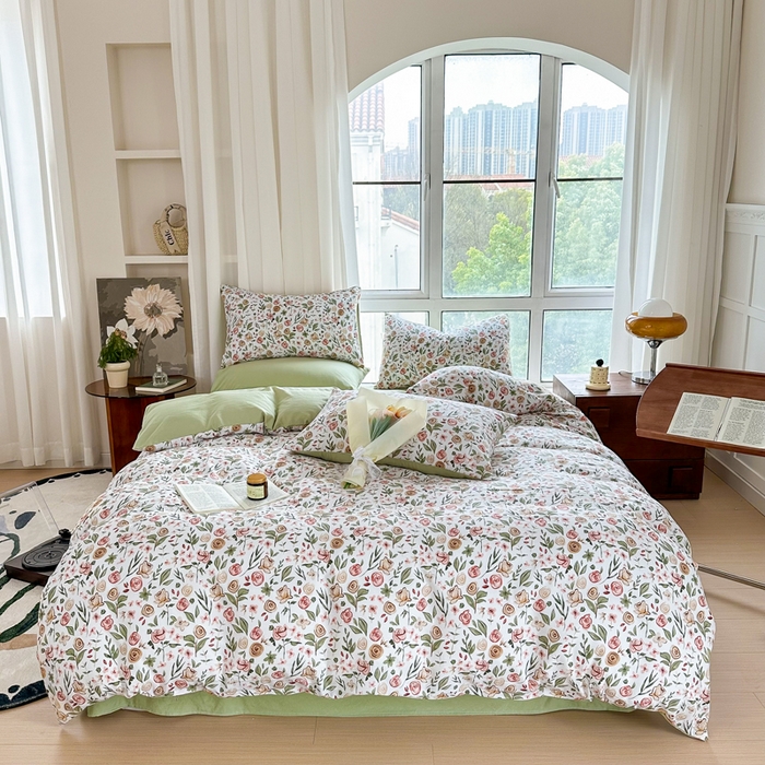 91家纺网 家纺一手货源 找家纺 美莱 2023直播爆款水洗棉麻四件套小清新套件可谈价 花语