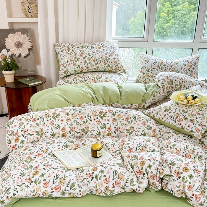 91家纺网 家纺一手货源 找家纺 美莱 2023直播爆款水洗棉麻四件套小清新套件可谈价 花语