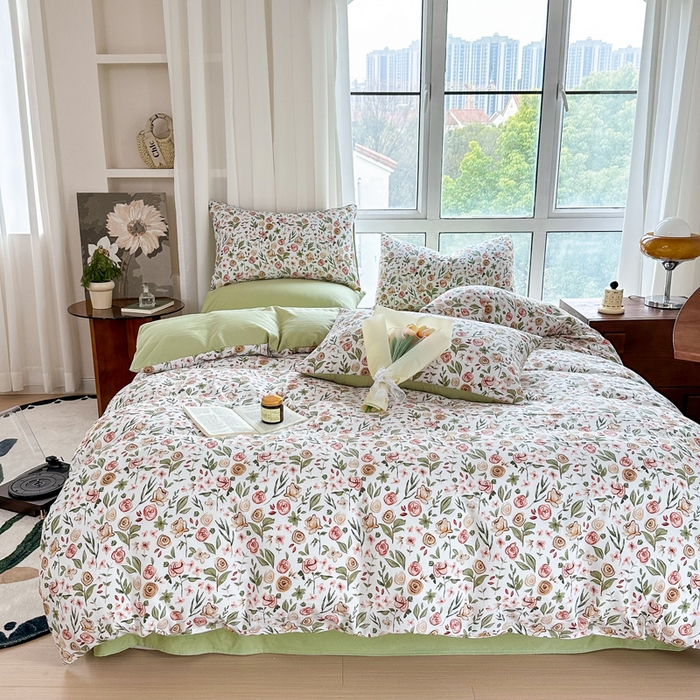 91家纺网 家纺一手货源 找家纺 美莱 2023直播爆款水洗棉麻四件套小清新套件可谈价 花语