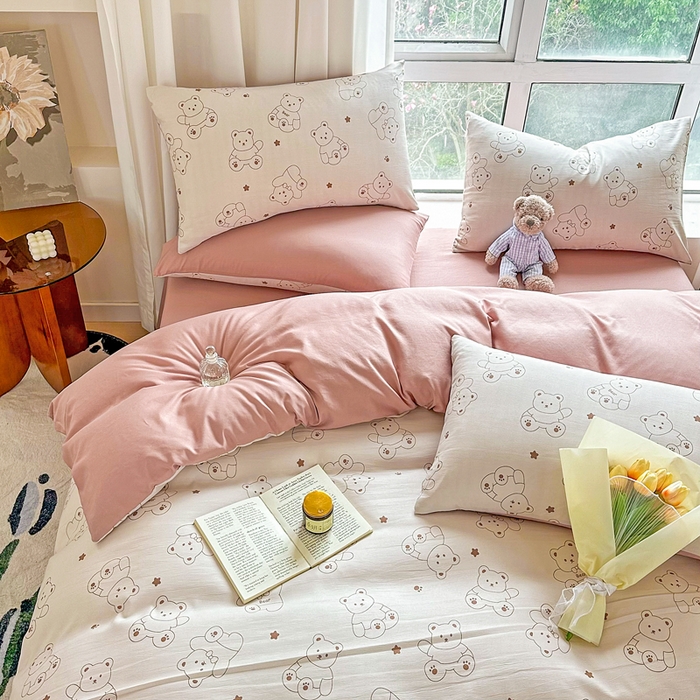 91家纺网 家纺一手货源 找家纺 美莱 2023直播爆款水洗棉麻四件套小清新套件可谈价 可爱熊