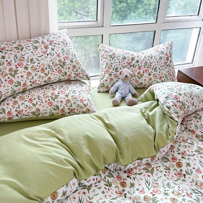 91家纺网 家纺一手货源 找家纺 美莱 2023直播爆款水洗棉麻四件套小清新套件可谈价 花语