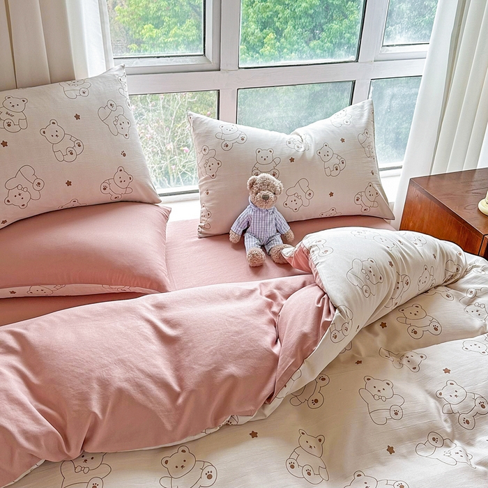 91家纺网 家纺一手货源 找家纺 美莱 2023直播爆款水洗棉麻四件套小清新套件可谈价 可爱熊