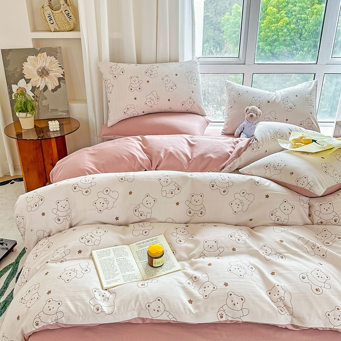 91家纺网 家纺一手货源 找家纺 美莱 2023直播爆款水洗棉麻四件套小清新套件可谈价 可爱熊