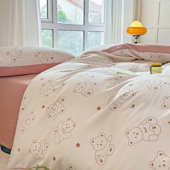 91家纺网 家纺一手货源 找家纺 美莱 2023直播爆款水洗棉麻四件套小清新套件可谈价 可爱熊