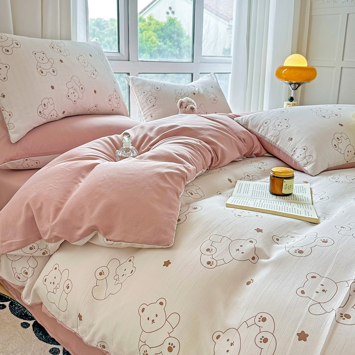 91家纺网 家纺一手货源 找家纺 美莱 2023直播爆款水洗棉麻四件套小清新套件可谈价 可爱熊